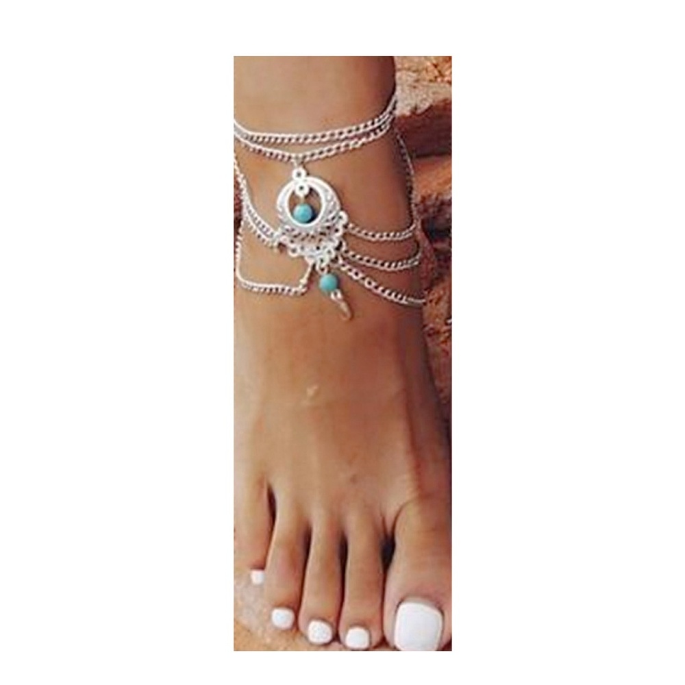 6 Silver Chain Multilayer Ankle Bracelet Turquoise